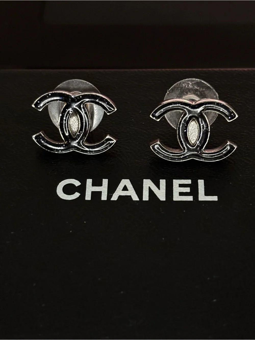 Authentic CHANEL 2007 Autumn Collection Black Enamel CC Stud Earrings
